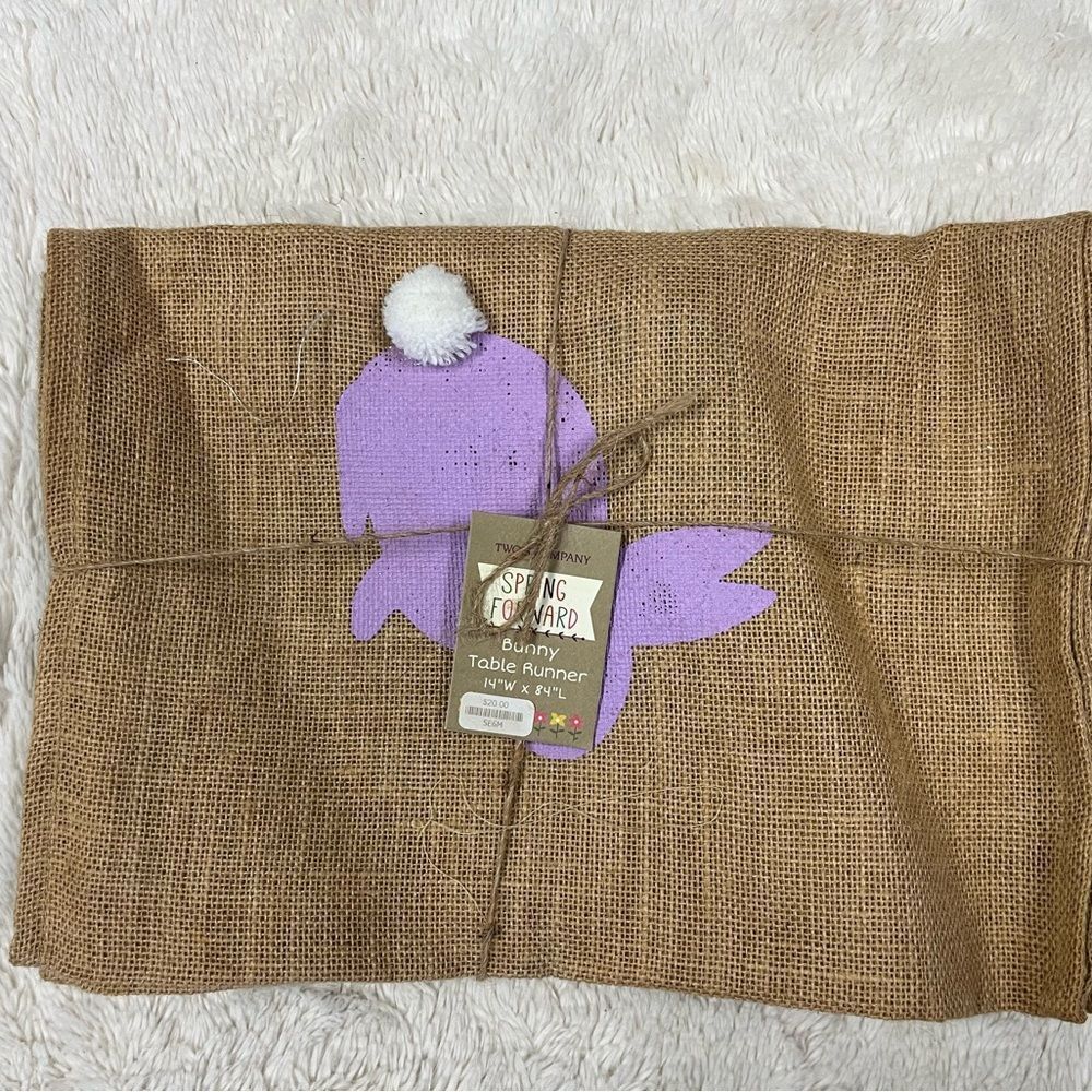 Two's Company Burlap Table Runner with Lavender Bunny